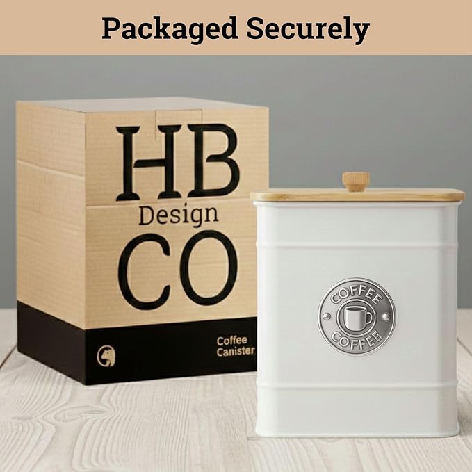 Airtight Coffee Canister - 40 oz Large Iron White Coffee Container Airtight - 6 x 8 inch Metal Jar - Stylish Countertop Container for Grounds, Beans, Pods & More with Rubber-Lined Bamboo Lid