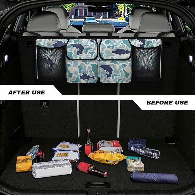 CLOHOMIN Blue Fish Camo Backseat Car Organizer Hanging Cargo Storage Organizer with 4 Pockets Car Seatback Organizer for Most Vehicle Car Interior Accessories