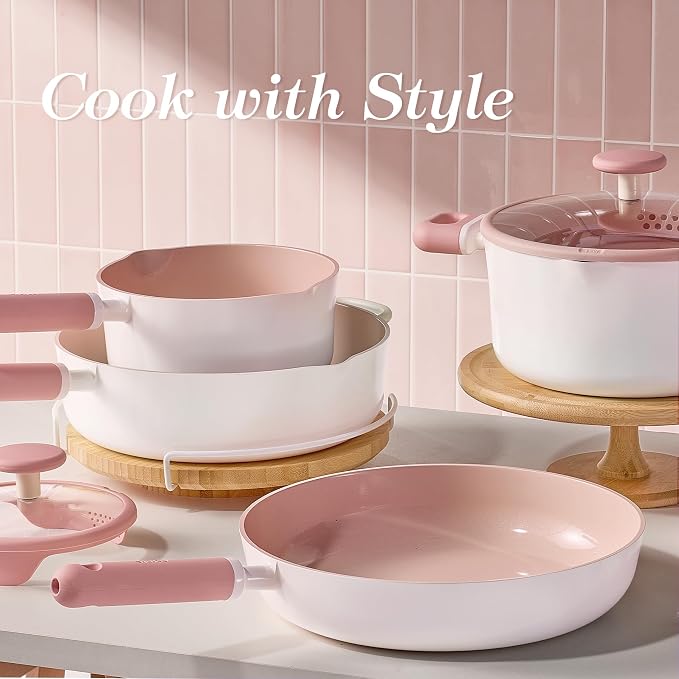 CAROTE Ceramic Cookware Set Nonstick, 15pcs Pots and Pans Set Non stick, Non Toxic Cookware,Dishwasher,RV/Camping Cookware Set, Pan and Pot with Kitchen Utensils, Pink