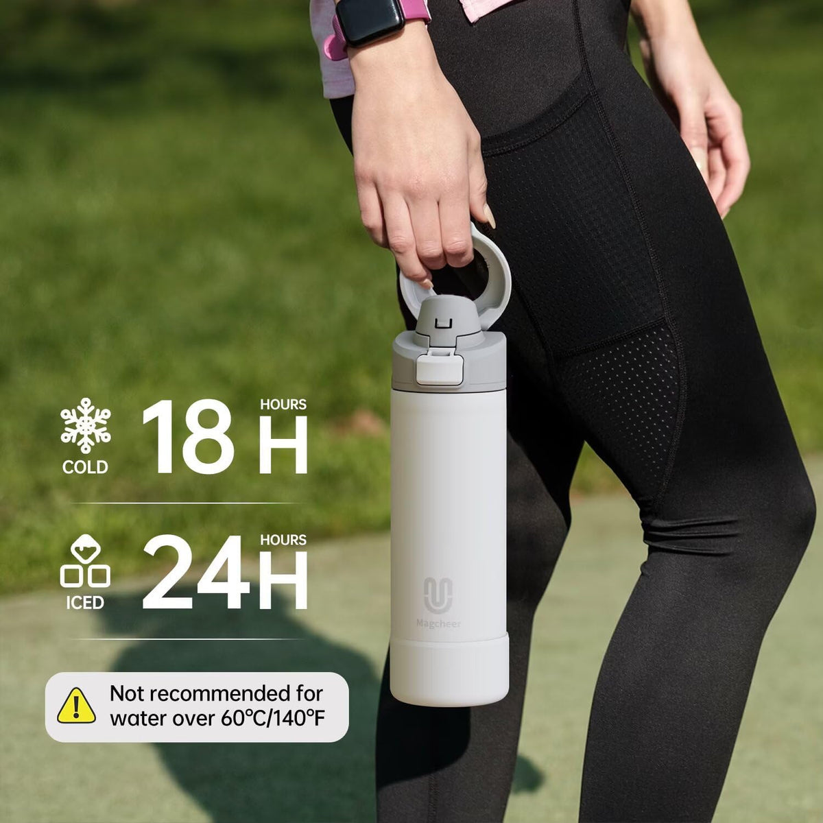 Insulated Magnetic Water Bottle - Reusable Stainless Steel Bottle with MagSafe Compatible Phone Holder - Keeps Cold for 24 Hours - Perfect for Gym, Sports, and Travel - White 24oz