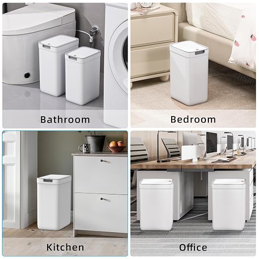 MOPALL 2 Pack Bathroom Trash Can with Lid, 3.6Gal + 2.5Gal Small Garbage Can Set with Pop-Up Lid, Slim Trash Bin Waste Basket for Toilet, Office, Bedroom, Living Room (White)