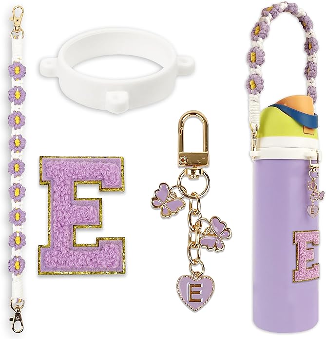 Compatible with Owala Water Bottle Accessories, Cute Letter Charm Set with Boho Handle Strap, Monogram Sticker, Silicone Ring, Keychain Decoration, for FreeSip 24 32 40oz, Owala Kids, Tumbler Gift
