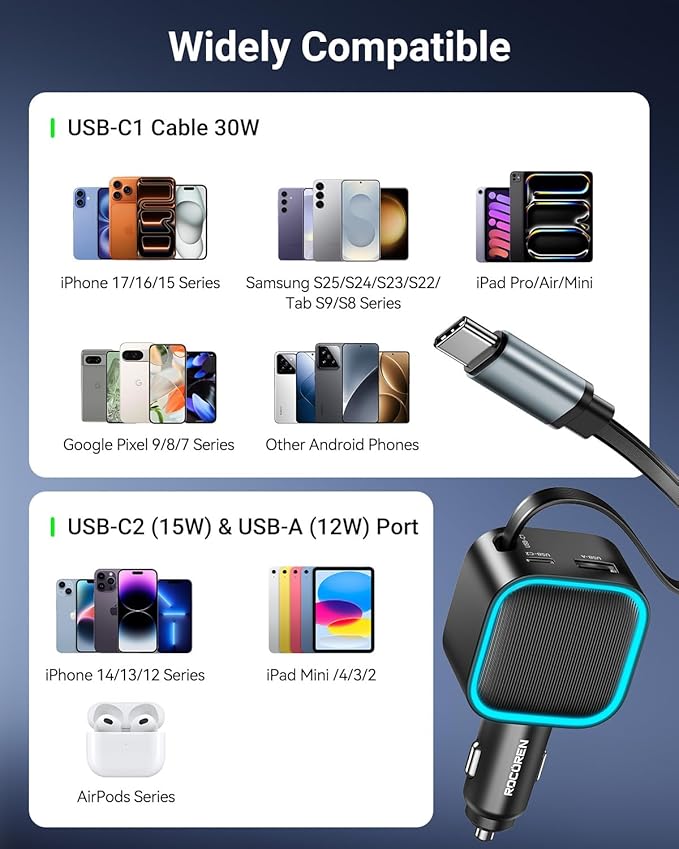 Retractable Car Charger USB-C,Rocoren 57W Type C Fast Car Charging [Ultra-Compact Mini] with Cord Cigarette Lighter Adapter Car Accessories for iPhone 17 16 15 Samsung S25 Ultra Pixel Android