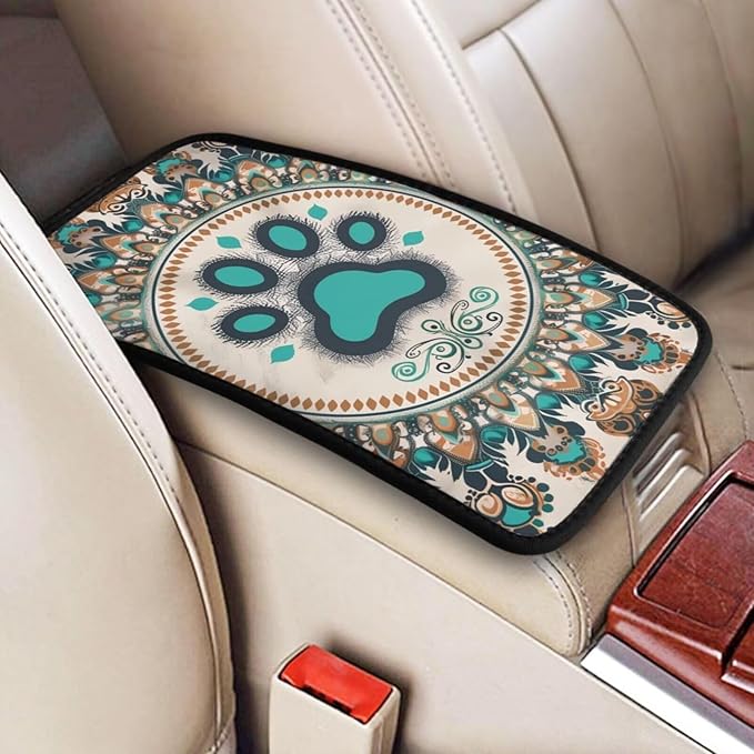 Paws Car Armrest Covers Dog Paw Cloth Fabric Armrest Protectors Footprint Pet Center Console Lid Cover Vintage Style Universal Accessories for Sedans, SUV, Truck and Van, Sage Green
