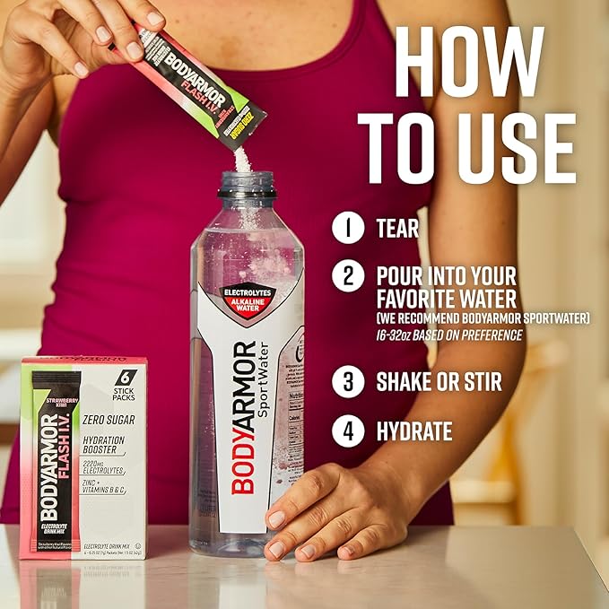 BODYARMOR Flash IV Electrolyte Packets, Strawberry Kiwi - Zero Sugar Drink Mix, Coconut Water Powder (6 Count) (Pack of 2)