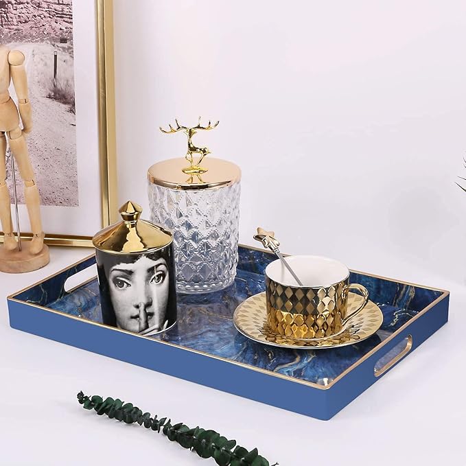 Zosenley Plastic Serving and Decorative Tray with Handles for Ottoman, Coffee Table, Bathroom Vanity, Blue Marble Rectangular Tray for Countertop and Kitchen, 15.6 x 10.2 Inches