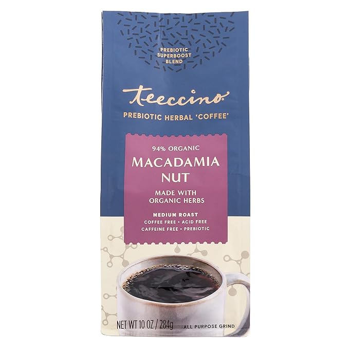 Teeccino Macadamia Nut Prebiotic SuperBoost™ Coffee Alternative - 10 Ounce - Support Your Probiotics with Caffeine-Free Herbal Coffee Featuring 3 Vegan Prebiotics for Good Gut Health & Regularity