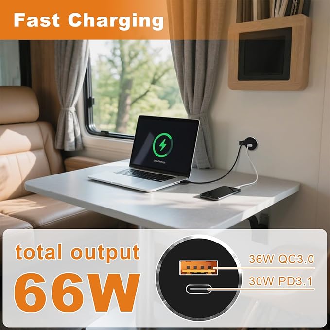 66W 12V USB Outlet PD 30W Type-C QC3.0 36W USB-A Dual Port Aluminum Fast Charging Socket for Laptop, Replacement Car Charger Accessories for RV Camper Trailer Truck Boat Golf