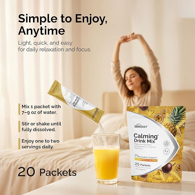 ZeniZest Calming Drink Mix Powder - Natural Cortisol Balance Calm Sleep Stress Support Supplement with Magnesium Glycinate Ashwagandha L-Theanine Vitamin D3 - Pineapple Passion Fruit Flavor 20 Packets