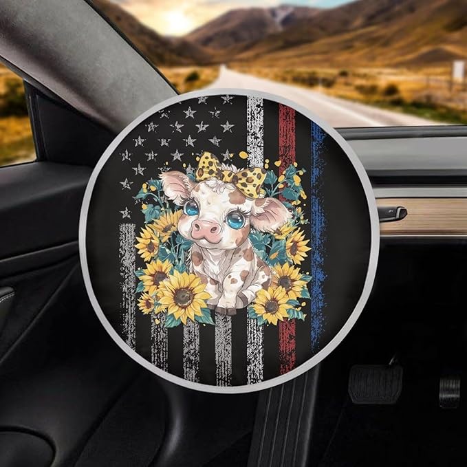 American Flag Cow Sunflower Pattern Steering Wheel Sun Shade Cover Steering Wheel Cover for Sun Protection Keep Cool in Summer Steering Wheels Accessories for SUV Car Truck Van