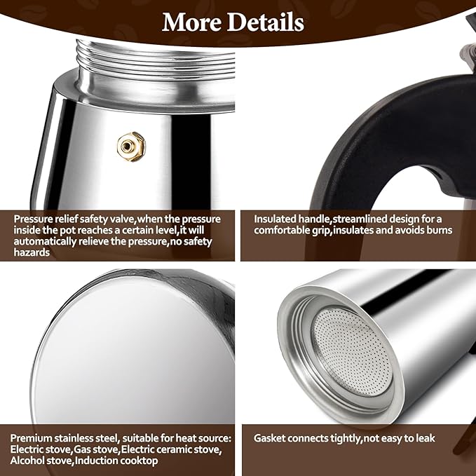 9 Cup Moka Pot Percolator Italian Coffee Maker 450ml Stovetop Espresso Mocha Stainless Steel Greca Coffee Maker Classic Cafe Makers Suitable for Induction Cookers Ceramic Stoves Tummy