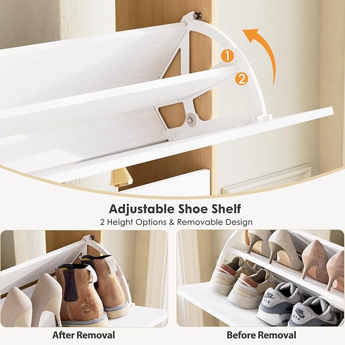 Nicetree Shoe Cabinet with 3 Flip Drawers，Freestanding Shoe Storage Cabinet, Narrow Shoe Organizer Cabinet, Farmhouse Slim Shoe Rack Cabinet for Entryway, Natural Oak and White with Hook