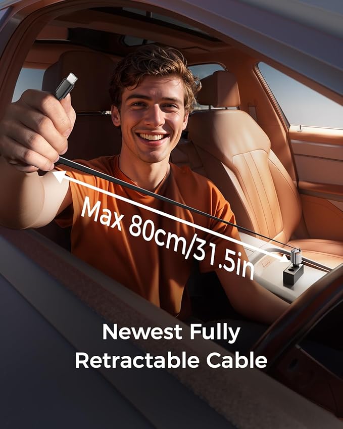 SUPERONE 69W Retractable Car Charger with Dual Cables, Compact Bluetooth 5.3 Car Adapter, FM Transmitter Radio Receiver for Hands-Free Calls & MP3 Music, USB C Fast Charging for iPhone Android