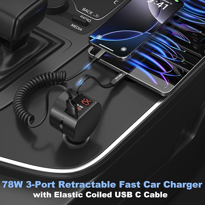 78W Retractable USB C Car Charger, OKRAY 3-Port 12v Cigarette Lighter Car Adapter with Type C PD30W Fast Charging Cord+Coiled USB C Cable for iPhone 17 Air 16 15 14 Pro Max, Samsung Galaxy S25 S24 A16