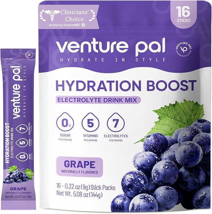 Venture Pal Sugar Free Electrolyte Powder Packets - Liquid Daily IV Drink Mix for Rapid Hydration & Party Recovery | 5 Vitamins & 7 Electrolytes| Keto Friendly | Non-GMO | Certified Vegan | 16 Sticks