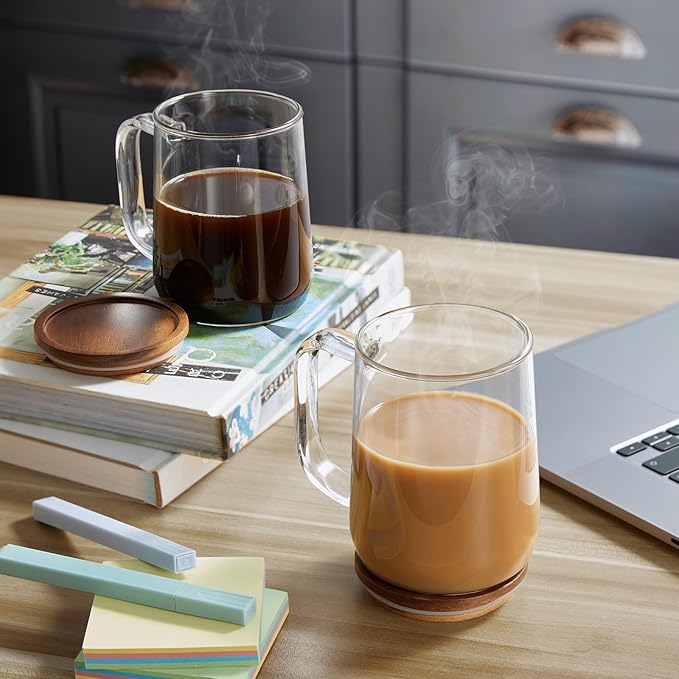 Glass Coffee Mugs, 16 oz Glass Coffee Cups with Acacia Wood Lids, Clear Borosilicate Glass Mugs with Handles for Cappuccino, Tea, Latte, Hot/Cold Beverages, Wine, Americano, Set of 4