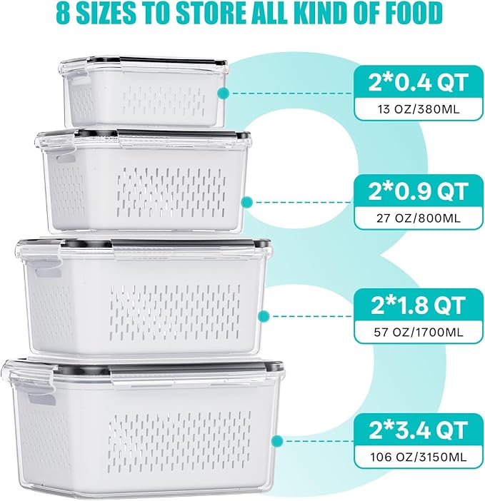 HOMETALL 8 Pack Fruit Storage Containers for Fridge with Strainer, BPA Free Fruit Cleaning Bowl Fridge Organizer, Plastic Fresh Keeper Set Refrigerator Organizer for Salad Berry Produce