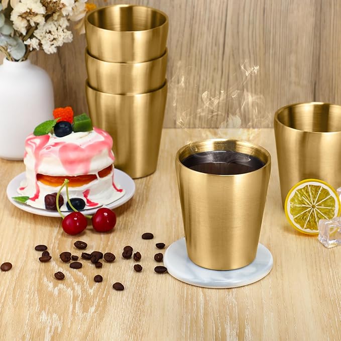 Mimorou 8 Pack Stainless Steel Insulated Cup 10 oz Metal Tumbler Double Wall Vacuum Water Glasses Camping Reusable Mugs BBQ Home Office Party Coffee(Gold)