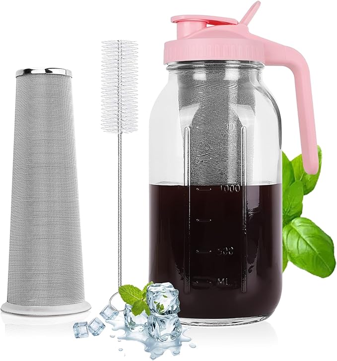 Cold Brew Coffee Maker - 64 Oz Heavy-Duty Glass Mason Jar Pitcher with Stainless Steel Filter, Leak-Proof Lid, Ergonomic Handle & Precision Pour Spout – Ideal for Iced Coffee, Tea, Cold Brew (Pink)