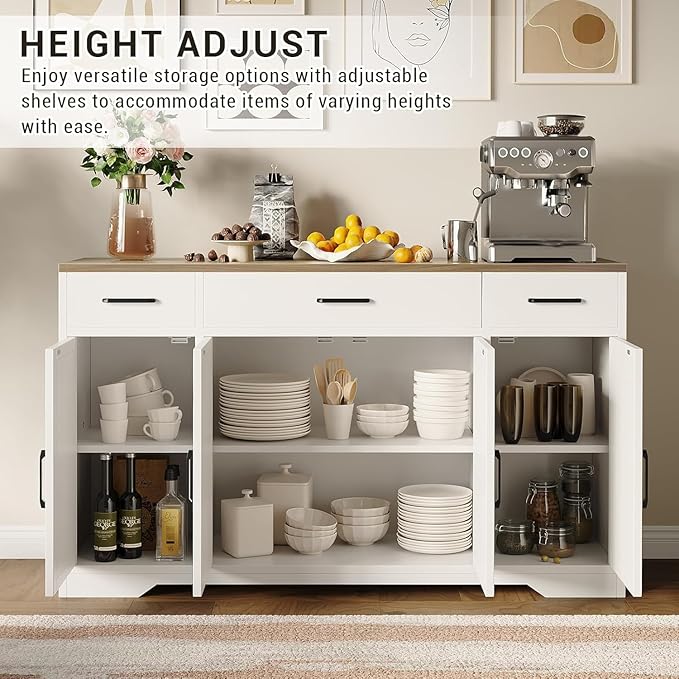 Farmhouse Modern Buffet Sideboard Cabinet with 3 Drawers, 55" Large Wood Kitchen Storage Coffee Bar Cabinet for Kitchen, Dining Room