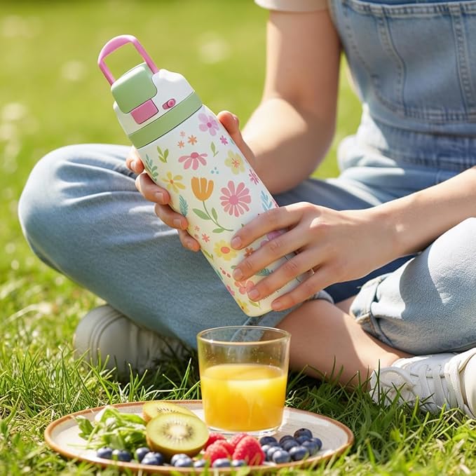 Floral Stainless Steel Water Bottle, Vacuum Insulated, Push-Button Lid, 32 oz, Gifts for Women Girls Friends Teens Birthday Christmas