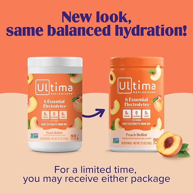 Ultima Replenisher Mocktini Electrolyte Powder Drink Mix – Sugar Free – Peach Bellini, 90 Servings – Hydration Powder with 6 Key Electrolytes and Trace Minerals – Keto Friendly, Non-GMO