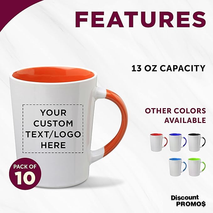 Custom Ceramic Latte Coffee Mugs by Albany 13 oz. Set of 10, Personalized Bulk Pack - Perfect for Coffee, Tea, Espresso, Hot Cocoa, Other Beverages - Orange