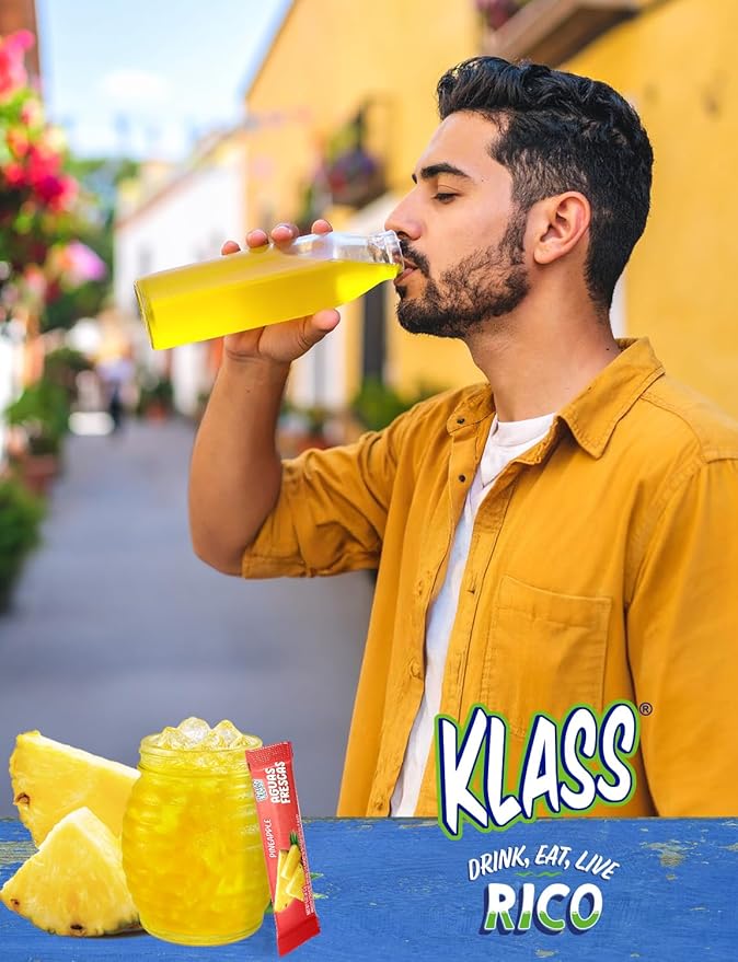 Klass Aguas Frescas, Powdered Drink Mix, 40 Singles Zero Sugar & Caffeine-Free Powder Packets, Water Drink Mix, Flavor: Pineapple - 5 Calories Per Packet & Natural Flavors