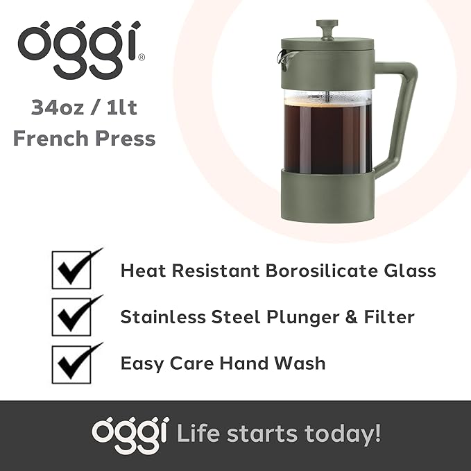 Oggi Borosilicate Glass French Press Coffee Maker - 34oz / 8 Cup Capacity, Coffee Press, Single Serve Coffee Maker, Stainless Steel Lid & Plunger, Make Great Coffee Gifts - Green
