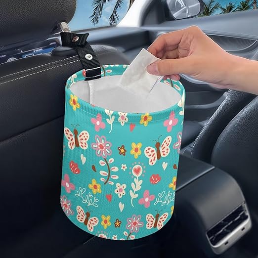Cartoon Daisy Butterfly Car Rubbish Bag Can Reusable Hanging Auto Garbage Organization Can Bin with Adjustable Strap for Camping，Travel Accessories