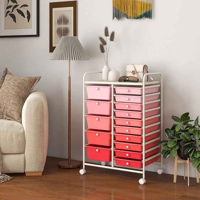 GOFLAME 15-Drawer Rolling Storage Cart, Craft Storage Cart with Removable Drawers & Lockable Wheels, Art Cart Supply Storage Organizer for Home Office Classroom, Pink Gradient