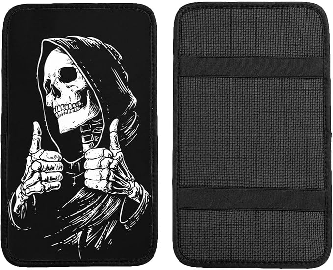 Black and White Funny Skull Center Console Cover Pad, Car Armrest Seat Box Cover Cushion Universal for Most Vehicle SUV Truck, Car Interior Accessories Decor, Protect from Pet Claws & Dirt