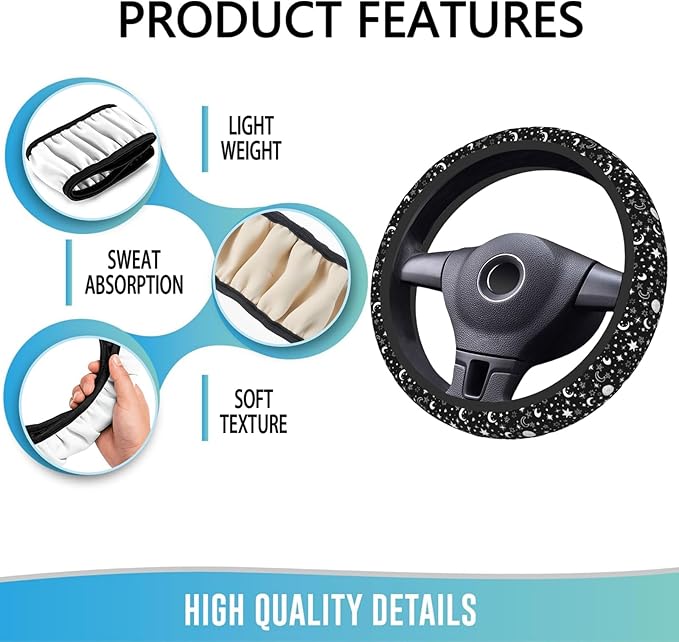 Elastic Steering Wheel Cover Car Accessories Cute Universal 15 Inch Absorbing Sweat Non-Slip Breathable for Man Woman - Moon and Star