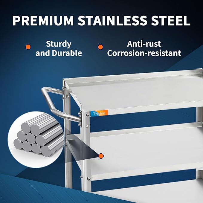 Treshin 3 Tier Stainless Steel Utility Cart Commercial Heavy Duty Rolling Cart Food Storage Service Trolley with Handle and Wheels for Kitchen Restaurant Hospital Lab and Hotel 19" W x 31" L x 34" H