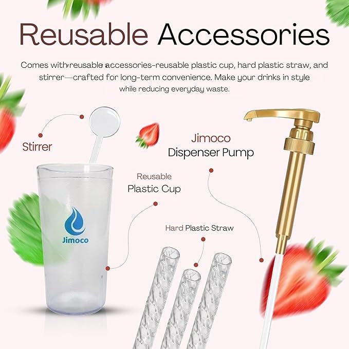 Jimoco Barista Set – Torani Strawberry Syrup 25.4 oz, Jimoco Pump, Reusable Cup, Straw & Stirrer – Coffee, Italian Soda & Cocktail Flavoring Kit