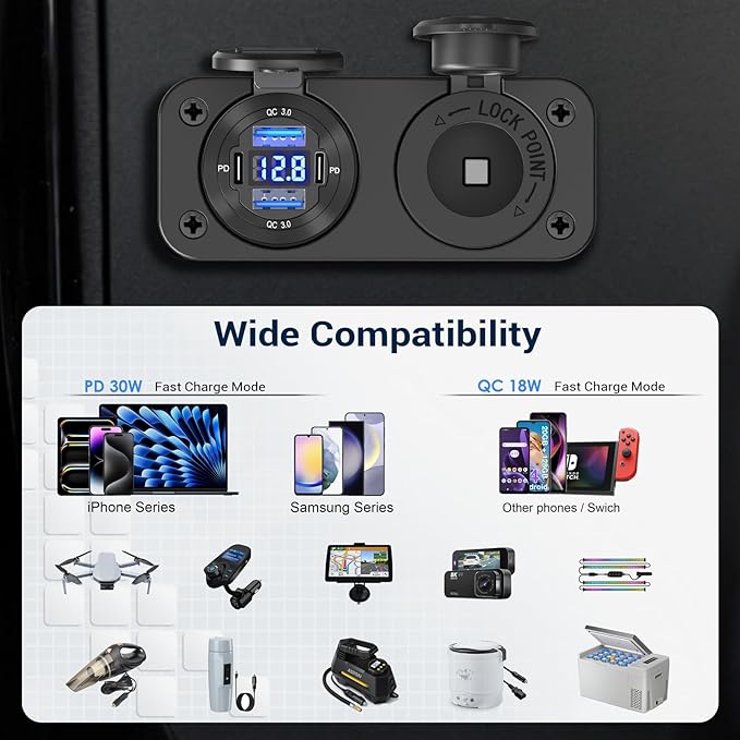 Qidoe Cigarette Lighter Socket 12 Volt USB Outlet Dual 30W PD & Dual Quick Charge 3.0 18W, 300W Socket Aluminum Metal Charger Panel with LED Voltmeter for Marine Car RV Motorcycle Golf Cart, etc
