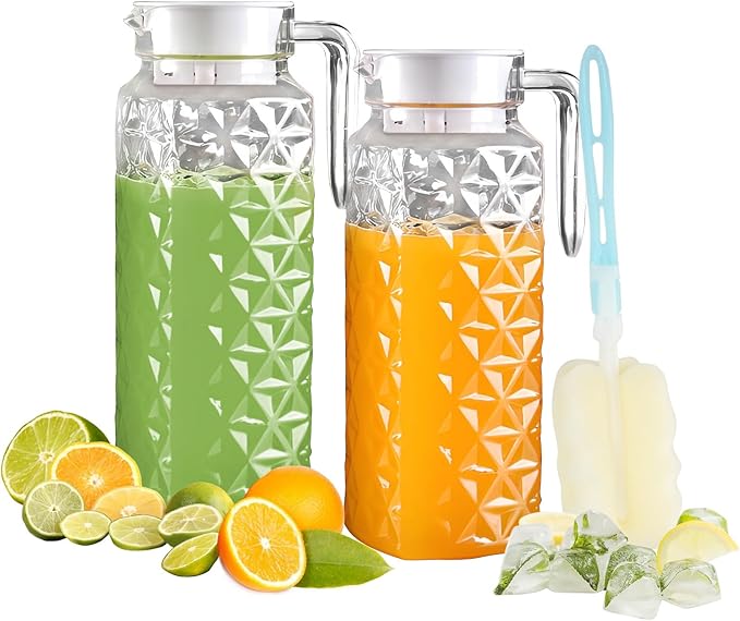 2 Pack 1.1L Plastic Jugs with Lid and Handle, Acrylic Juice Jug, Transparent Fridge Water Pitcher, Unbreakable, Easy to Clearn Water Jug for Iced Tea, Lemonade, Cold or Hot