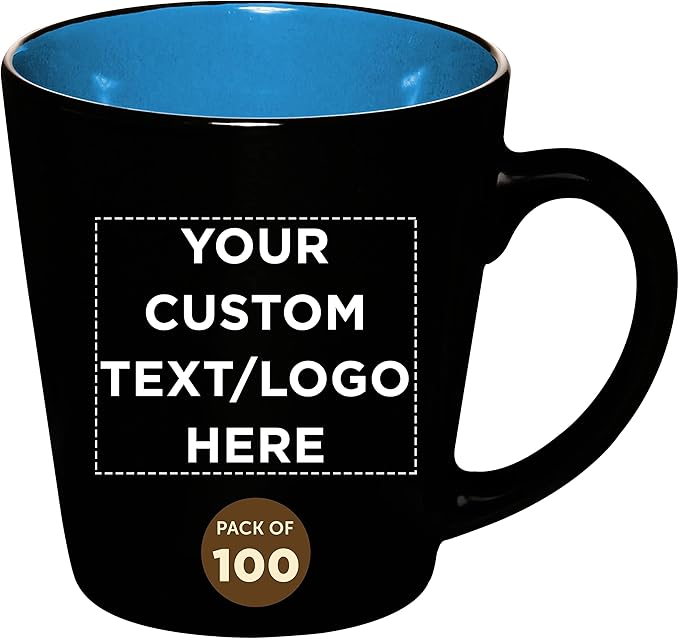 Custom Ceramic Coffee Latte Mugs 12 oz. Set of 100, Personalized Bulk Pack - Perfect for Coffee, Tea, Espresso, Hot Cocoa, Other Beverages - Blue