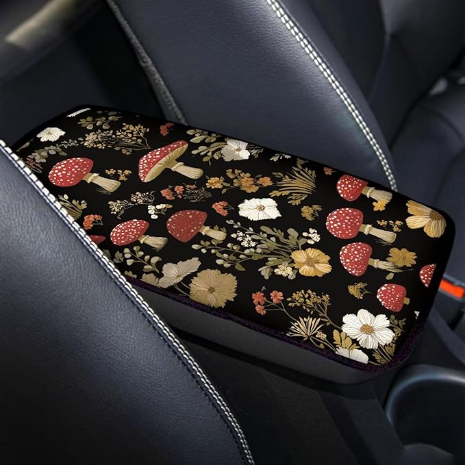Vintage Mushroom Car Center Console Cover Soft Arm Rest Cover Car Easy to Install Cars Interior Automotive Universal Size Fit for Most Cars SUVs Trucks Vans