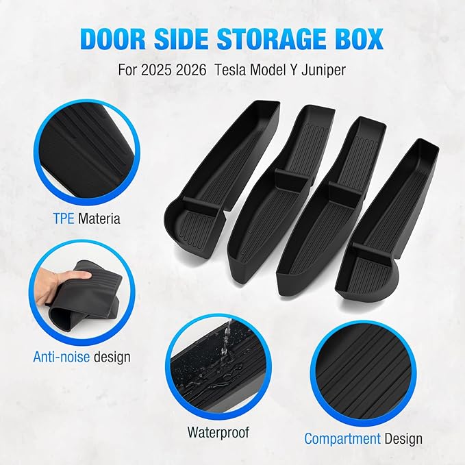 Door Side Storage Box for 2025 2026 Tesla Model Y Juniper Accessories, Waterproof TPE Front & Rear Door Pocket Liners Tray Protector Liner 4pcs (Only Fit New Model Y)