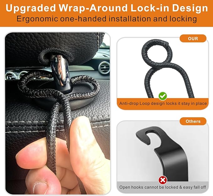 Idefair Car Hooks for Headrest - 2 Pack Car Bag Holder with Lock Loop, Coating Leather Scratch-Free Auto Purse Hanger, Car Seat Back Storage Gadgets Accessories for Jeep SUV Truck - Black Leather/2S