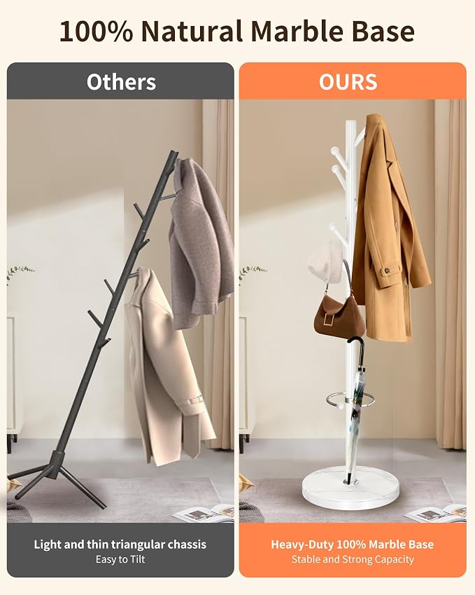 ZOZOE Metal Coat Rack Stand, Modern Coat Rack Freestanding with Natural Marble Base, Sturdy Industrial Coat Racks with 8 Hooks & Umbrella Holder,White Coat Tree Hanger Stand for Entryway,Office