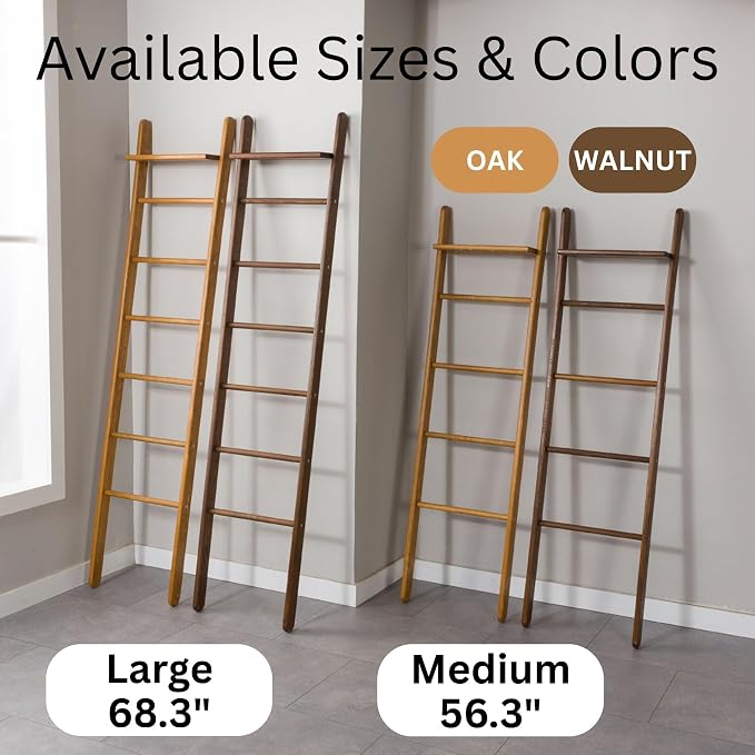 Solid Pine Wood Blanket Ladder for Living Room Bathroom Organizer Shelves, 7-Tier 5-Tier Freestanding Shelf, Freestanding Towel Rack Extra Storage, Wall-Leaning (Walnut, Large)