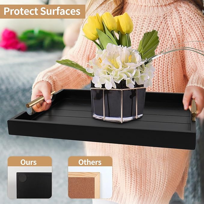 Coffee Table Trays - Large Ottoman Tray for Living Room -Wood Serving Tray with 2 Sets of Handles - Wooden Tray for Coffee Table, 4 Round Coasters Included, Black