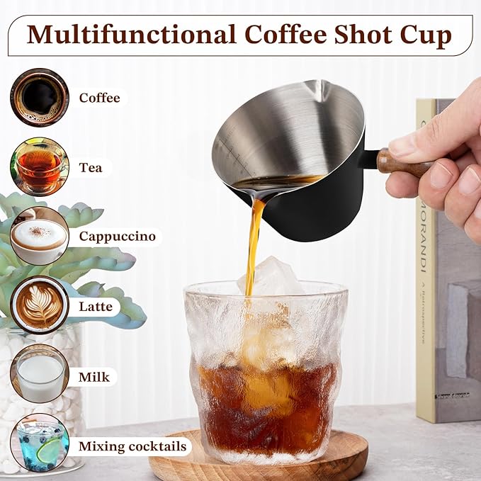 Espresso Cup, 6.8 oz/200 ml Stainless Steel Coffee Shot Measuring Cup with Wood Handle, Double V-Shaped Mouth and Clear Scale for Cappuccino Barista Coffee Bar Accessories, Black