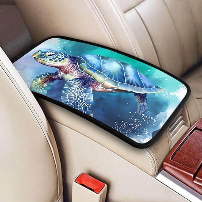 Universal Car Center Console Cushion Pad, Ocean Sea Turtle Green Soft Waterproof Car Center Console Cover Auto Armrest Seat Box Cover Protector for Most Vehicle SUV Truck Car