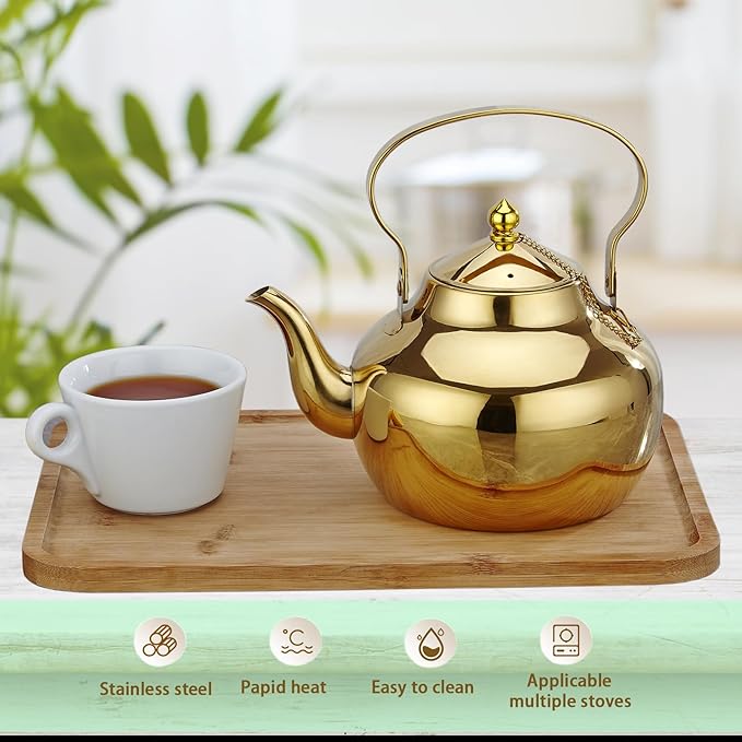 2000ml Gooseneck Teapot with Removable Infuser, 2.1qt Hot Water Kettle Boiling Water Pot, Stainless Steel Tea Kettle, Stovetop Safe Teapot Coffee Kettle for Coffee Blooming, Loose Tea, Gold