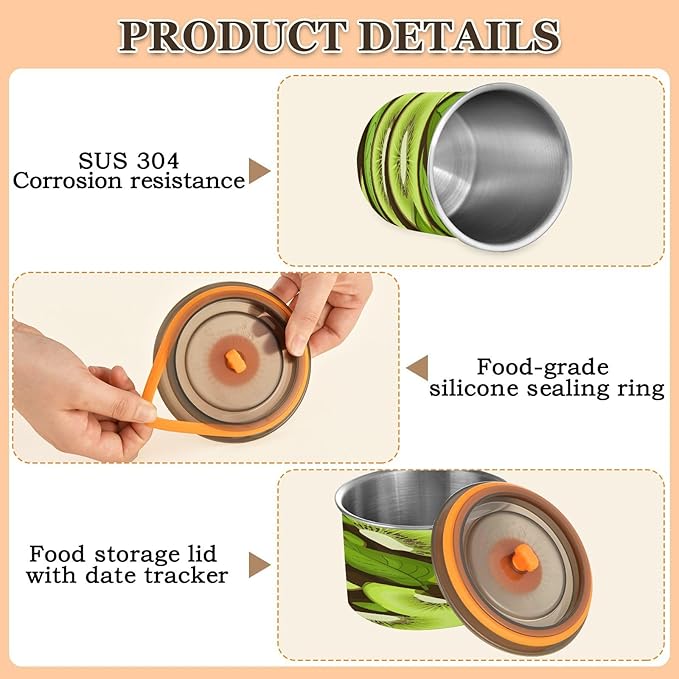 Qilmy Kiwi Fruit Air-Less Vacuum Coffee Storage Container-Airtight Stainless Steel Food Canister with Lid for Beans, Ground Coffee, Tea, Dry Goods, 30oz Kitchen Organizer Jar