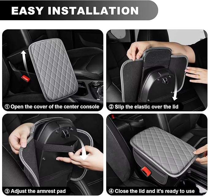 Upgraded Car Center Console Cover Fit for Tacoma Faux Leather Car Armrest Cover Cushion with 2 Storage Bags,Car Armrest Storage Box Interior Accessories(Grey&Whiteline)