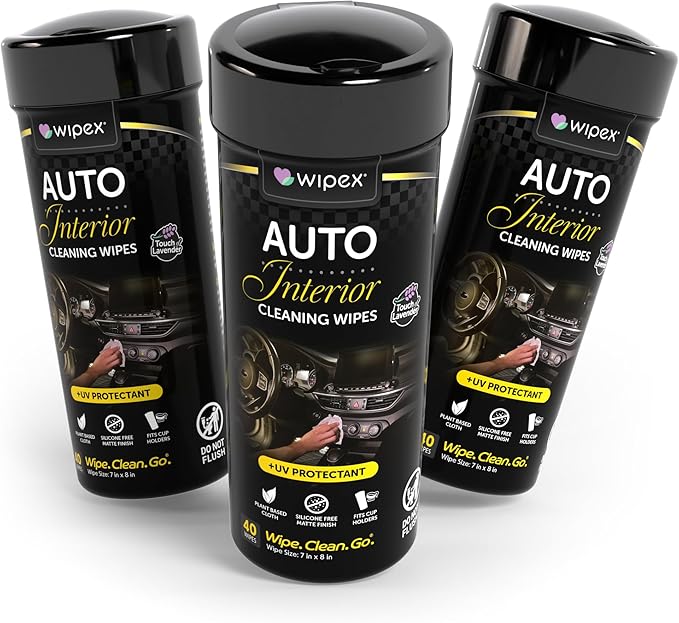 Wipex Auto Interior Car Cleaning Wipes - Plant Based Car Wipes - Lavender Essence, UV Protectant, Safe for Vinyl, Rubber, Plastic, Leather, Chrome, Non-Greasy Matte Finish, 40 Count (Pack of 12)